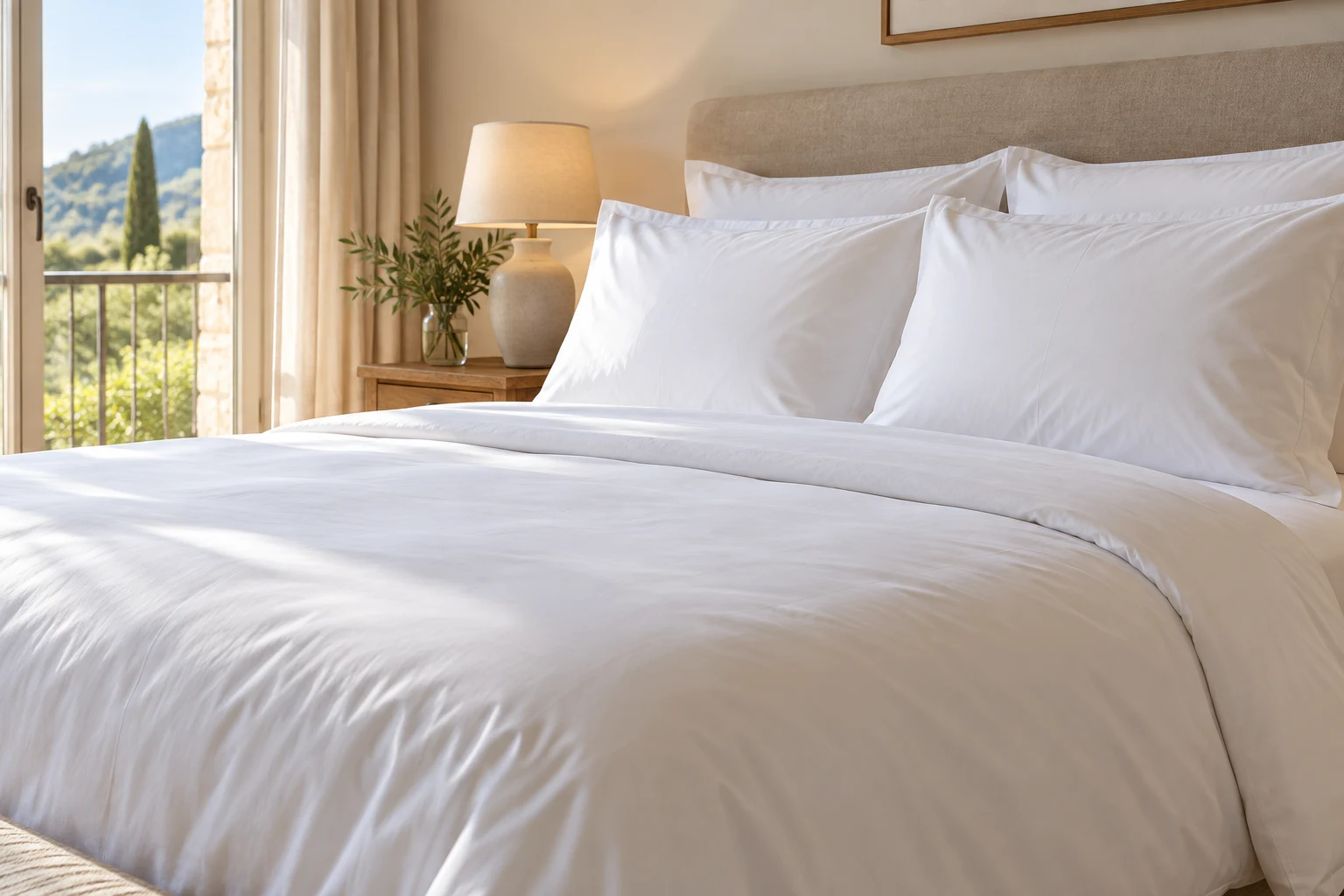 Lit immaculé préparé avec des draps et des oreillers blancs